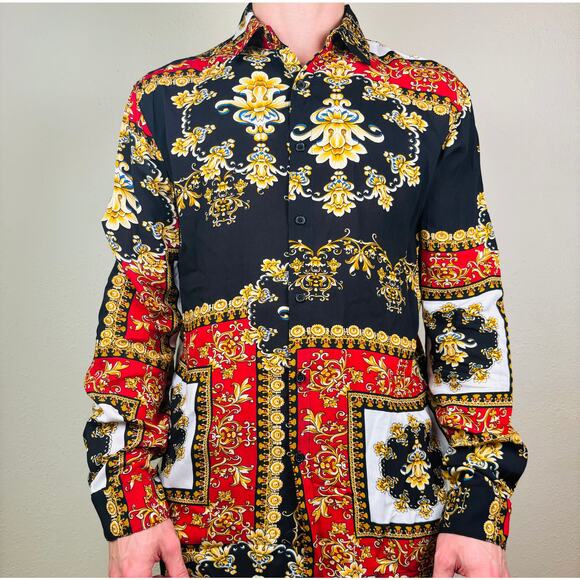 Forever 21 Floral Gold Button Down Long-sleeve Shirt Mens Small Colorful - Picture 1 of 4